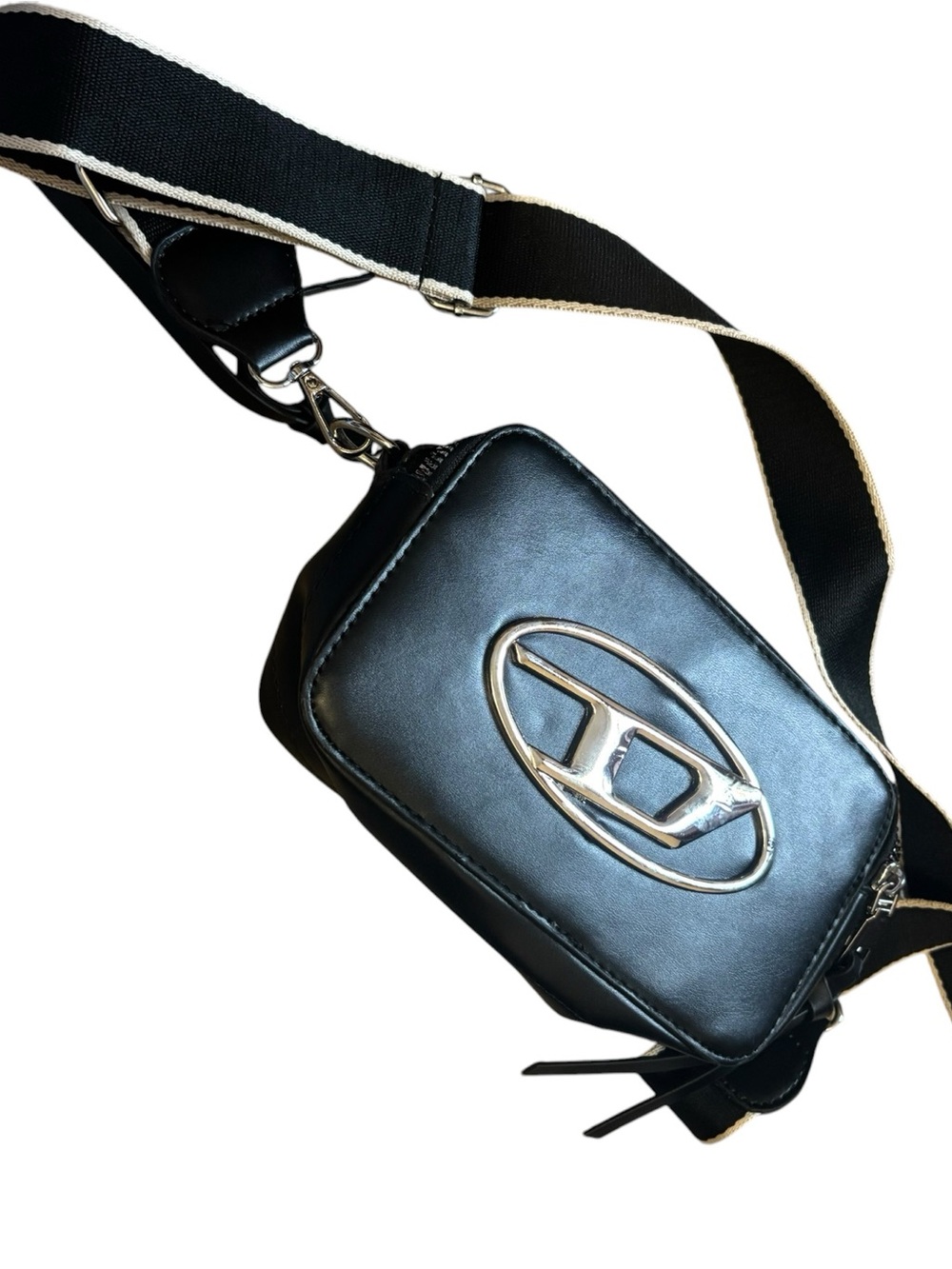 Diese Black Leather Camera Belt Bag with Silver Oval Emblem